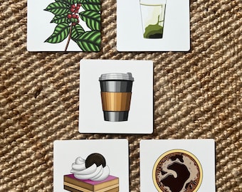 Set van 5 ansichtkaarten/prints - koffie - koffie illustratie - matcha latte - koffieplant - gerecycled papier - zonder tekst - 13x13cm