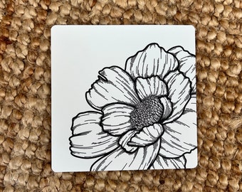 Illustrated greeting card - black and white line art print - postcard print - peony illustration - wildflower wall art - printspostcards