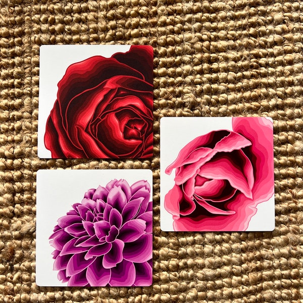 Pack de cartes postales - lot de 3 cartes postales illustrées - rose rouge - tulipe rose - dahlia violet - dessin au trait botanique - carte postale carrée
