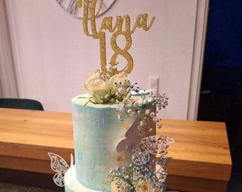 Décoration de gâteau personnalisée avec nom et numéro dorés pailletés | Décoration élégante pour gâteau d'anniversaire de 18 ans