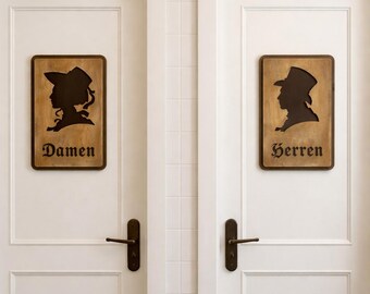 Ensemble de panneaux WC en bois pour hommes et femmes – 2 tailles (25 x 15 cm / 9 x 5 cm) – Panneau de toilettes vintage – Panneaux de porte de salle de bain – Décoration rustique