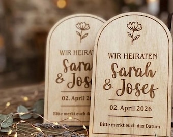 Carte d'invitation de mariage personnalisée en bois – Réservez la date avec gravure – Annonce de mariage rustique 10 x 6 cm –