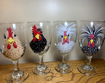 Whimsical chicken rooster water wine stemware glasses, hand painted, gift, farmhouse, country,