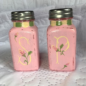 SALE-Farmhouse Shabby Chic Salt & Pepper Shakers, Cottage Decor, Glamping Camping, pink roses rosebuds, kitchen