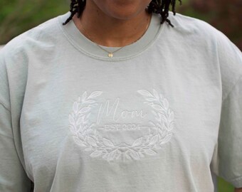 Custom Mom Embroidered T-Shirt, Floral Laurel Design, Mother's Day Gift