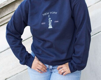 New York State Embroidered Crewneck Sweatshirt | NYC Shirt | Statue of Liberty City Sweater | Brooklyn Manhattan Bronx Queens Staten Island