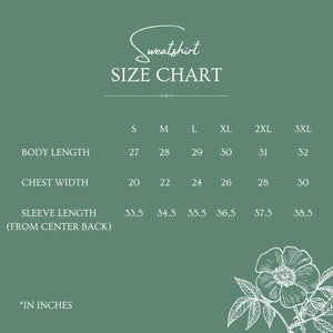 May include: A size chart for a sweatshirt, showing measurements in inches for body length, chest width, and sleeve length from center back, for sizes S through 3XL.