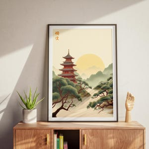 Traditional Chinese Landscape Poster – Minimalist Digital Art with Pagodas | Pastel Printable Wall Decor
