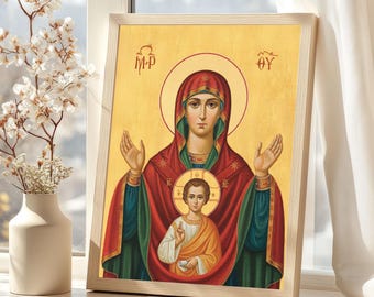 Theotokos of the Sign Icon: Byzantine Virgin Mary Wall Art