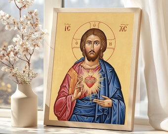 Sacred Heart of Jesus Icon: Catholic Religious Print, Christian Home Decor