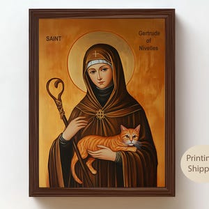 Saint Gertrude of Nivelles Painting | Catholic Art for Cat Lovers | Christian Home Decor Gift