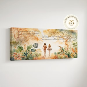 Garden of Eden Art: Adam & Eve Watercolor Print - Genesis Scripture