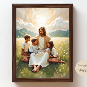 Jesus and the Little Ones, Oil Painting, Jesus Talking to Children, Catholic Wall Art, Christian Gifts, Religious Portraits, Home Decor