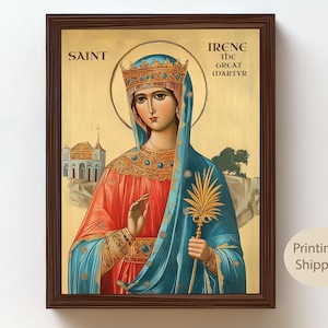 Saint Irene the Great Martyr Wall Art | Catholic Virgin Martyr Icon Canvas | Religious Gift for Feast Day, Baptism and Prayer Room