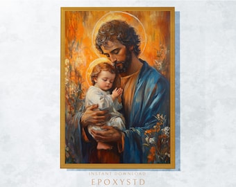 St. Joseph's Loving Arms, Verenigd in vaderlijke liefde, goddelijke liefde, portret van Jezus, christelijke muurkunst, katholieke prenten, digitale download