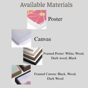May include: Image showcasing available art materials. Includes a poster with a pink floral design, a canvas, and framed options. Framed posters come in white, wood, dark wood, and black. Framed canvas options are black, wood, and dark wood.