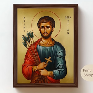 Saint Sebastian Icon Poster – Catholic Wall Art Print, Christian Gift for Boys, Patron of Athletes & Martyrs, Byzantine Style Decor