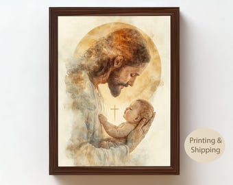 In the arms of the savior, Oil Painting, Jesus Portrait, Christian Wall Art,  Jesus Holding a Child, Religious Gift, baptism gift