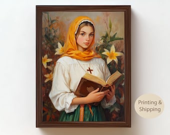 Saint Dymphna, Oil Painting, Patron of Depression, Catholic Wall Art, Christian Gifts, Religious Portraits, Inspirational Home Decor