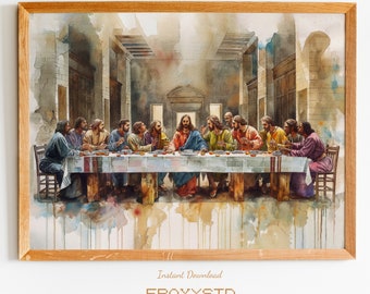 Jezus' laatste avondmaal met zijn apostelen, symboliseert geloof, offer en de geboorte van de eucharistie, aquarel Jezus, schilderij digitale kunst