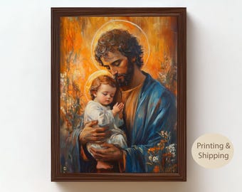 Saint Joseph's Loving Arms, United in Fatherly Love, Divine Love, Portrait of Jesus, Christian Wall Art, Catholic Prints, Digital Download