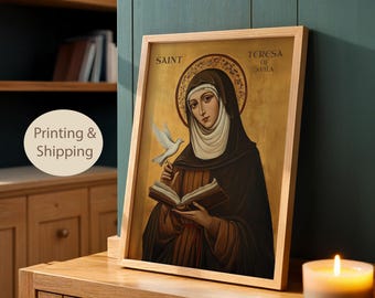 May include: A framed print featuring a portrait of Saint Teresa of Avila with a white dove perched on a finger and an open book in hand. The artwork has a gold background, a halo, and the text SAINT TERESA OF AVILA printed at the top.