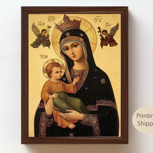 Our Lady of Perpetual Help Wall Art | Virgin Mary Catholic Icon Canvas | Religious Gift for Feast Day, Baptism and Prayer Room Decor