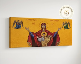 Icono de Theotokos Platytera: Madre de Dios más amplia que los cielos, arte mural católico bizantino.