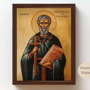 Saint Cuthbert of Lindisfarne Icon: Byzantine Orthodox Christian Wall Art, Catholic Religious Home DecorGift