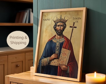 Saint Louis IX Icon, Orthodox Wall Art, King of France, Christian Gift for Faith and Royal Virtue