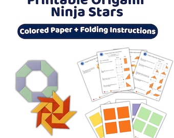 May include: Printable Origami Ninja Stars with colored paper and folding instructions. The image displays text, an octagonal shape in purple and green, a star shape in yellow and orange, and several instruction sheets with diagrams and colored squares.