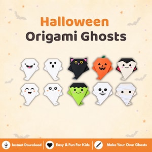 May include: Ten paper origami figures arranged in two rows, featuring Halloween characters like ghosts, a black cat, a pumpkin, a vampire, a green monster, a skull, and a mummy. The text reads Halloween Origami Ghosts.