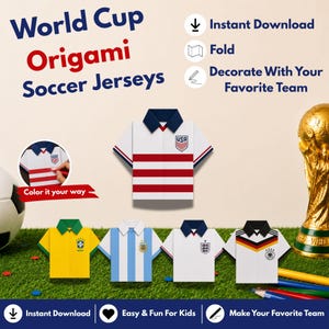 Könnte beinhalten: Ein digitales Download-Set mit Origami-Fußballtrikots für die Weltmeisterschaft, bestehend aus Papiervorlagen zum Falten und Ausmalen. Die Sammlung enthält verschiedene Nationalmannschaftsdesigns mit Kragen und Wappen.