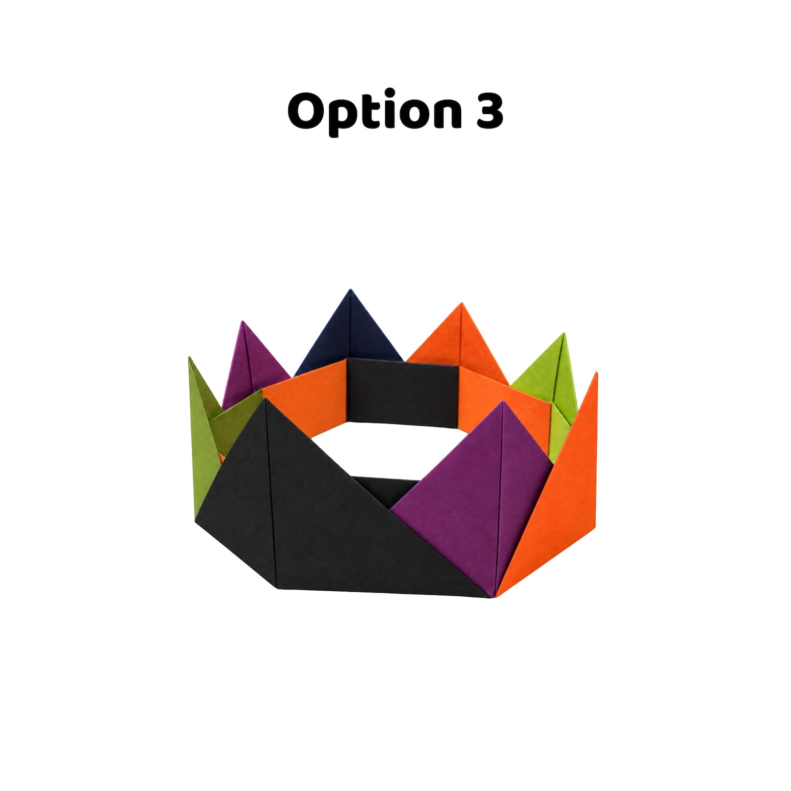 A Folded Origami Crown Multicolored folded paper crown with pointed triangular sections.
