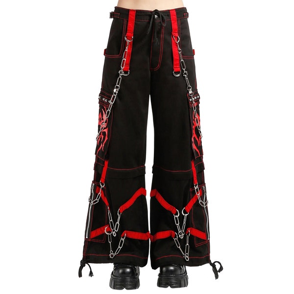 Pantalon steampunk rouge et noir, pantalon punk à chaîne, pantalon de voyage gothique, jean ample en denim de style gothique, pantalon en denim cyberpunk, pantalon cargo en denim