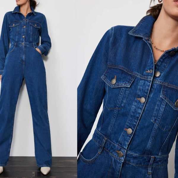 Wide leg denim jumpsuit for women, Summer long sleeve jumpsuit jeans overall, Ladies denim jumpsuit outfit, Blue jean jumpsuit, women romper