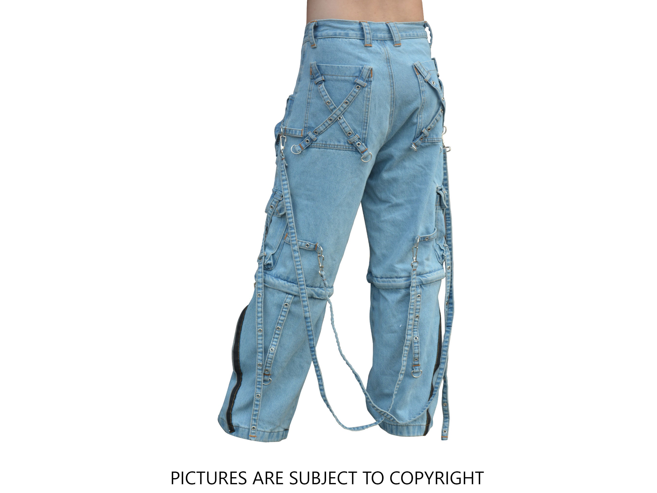 Goth Cargo Pants with Straps, Denim Punk Emo Pants with chains, Tripp prs  pants