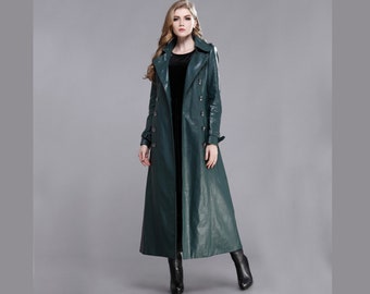 Echte groene lederen trenchcoat dames trendy donkergroene volledige lengte jas, driekwart trenchcoat cadeau voor haar verjaardag