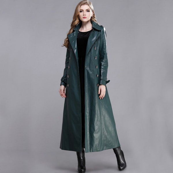 Echtes grünes Leder Trenchcoat Frauen trendiger dunkelgrüner Mantel in voller Länge, dreiviertellanger Trenchcoat Geschenk für ihren Geburtstag