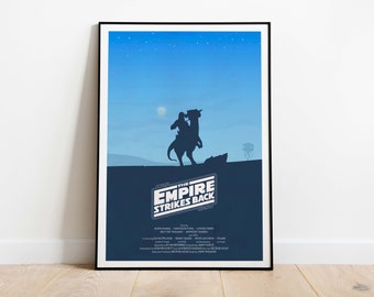 May include: A minimalist poster for the movie "Star Wars: The Empire Strikes Back". The poster features a silhouette of Luke Skywalker riding a Tauntaun against a blue sky with stars. The movie title is in white text on a dark blue background.