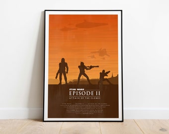 May include: A minimalist poster for Star Wars Episode II: Attack of the Clones. The poster features a silhouette of three figures against a sunset-colored background. The text "Star Wars Episode II Attack of the Clones" is printed in white at the bottom of the poster.