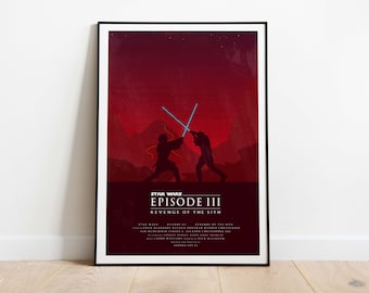 Peut inclure: Une affiche minimaliste pour Star Wars Episode III : La Revanche des Sith. L'affiche présente un fond rouge avec une silhouette de deux personnages se battant avec des sabres laser. Le texte "Star Wars Episode III La Revanche des Sith" est imprimé en blanc en bas de l'affiche.