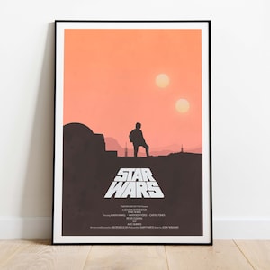 May include: A vintage-style poster for the movie Star Wars. The poster features a silhouette of Luke Skywalker standing on a desert planet with two suns in the sky. The text "Star Wars" is in a bold, white font.