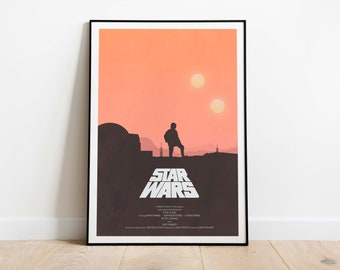 May include: A vintage-style poster for the movie Star Wars. The poster features a silhouette of Luke Skywalker standing on a desert planet with two suns in the sky. The text "Star Wars" is in a bold, white font.