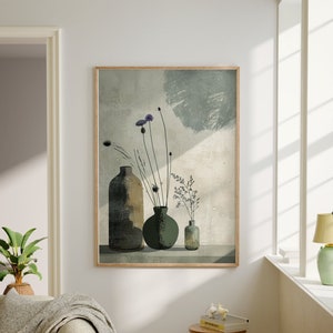 Japandi Neutral Scandinavian Wall Art, Wabi Sabi Art Print, Minimalist Modern Floral Digital Art Poster, Trendy Earthy Zen Aesthetic Decor