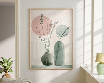 Boho Japandi Wall Art, Wabi Sabi Floral Art Print, Scandi Minimalism Aesthetics Poster, Zen Still Vase Printable Wall Art, Digital Download