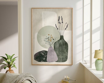 Japandi Neutral Floral Scandinavian Wall Art, Wabi Sabi Art Print, Minimalist Modern Japanese Digital Art Poster, Trendy Earthy Aesthetic