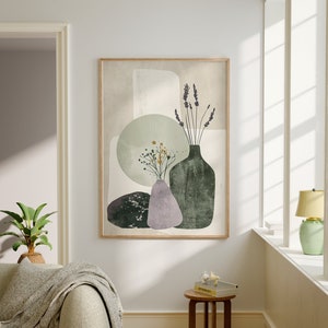 Japandi Neutral Floral Scandinavian Wall Art, Wabi Sabi Art Print, Minimalist Modern Japanese Digital Art Poster, Trendy Earthy Aesthetic