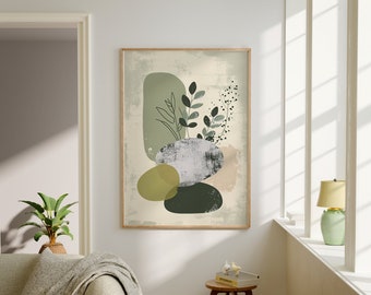 Boho Floral Digital Print, Zen Wabi Sabi Home Decor, Minimalist Nordic Japanese Wall Art, Elegant Botanical Poster, Modern Earth Tones Print