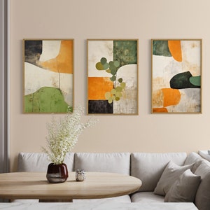 Abstract art in burnt orange, sage green, and beige. Japandi wall decor with wabi sabi touch, great for bedrooms or offices. Trendy design merging Japanese elegance with Scandinavian minimalism, a perfect blend for any modern for a grounded aesthetic